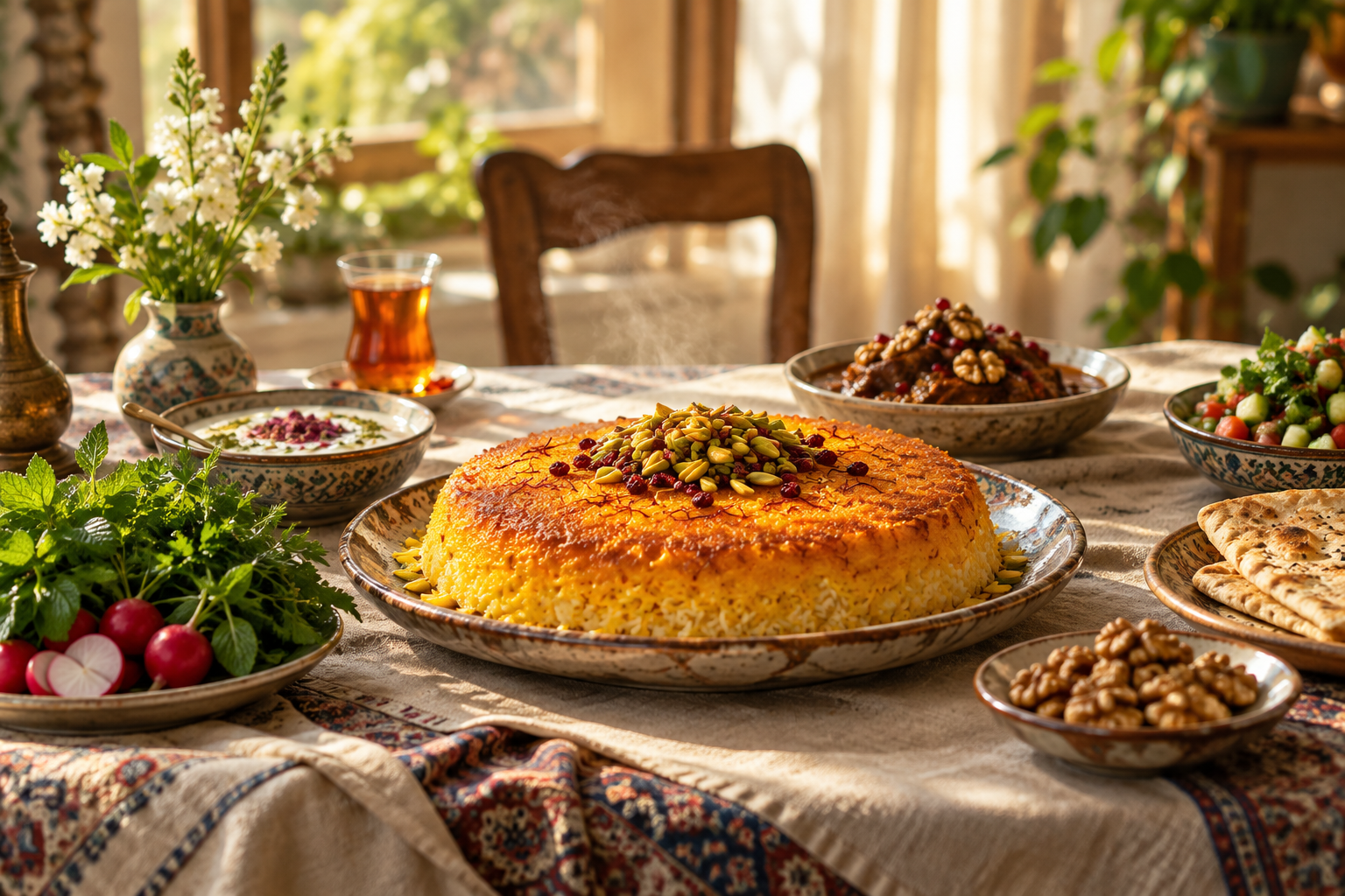 Illustrative sunlit Persian table with tahdig, herbs and tea