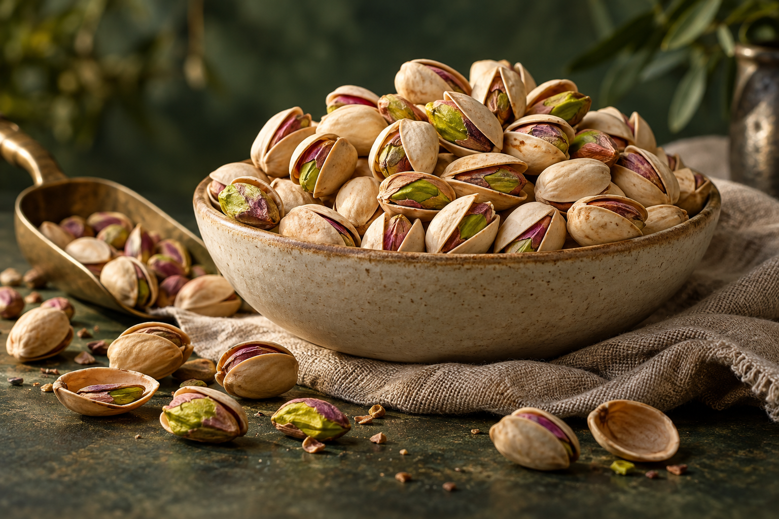 Illustrative pistachios in an ivory ceramic bowl