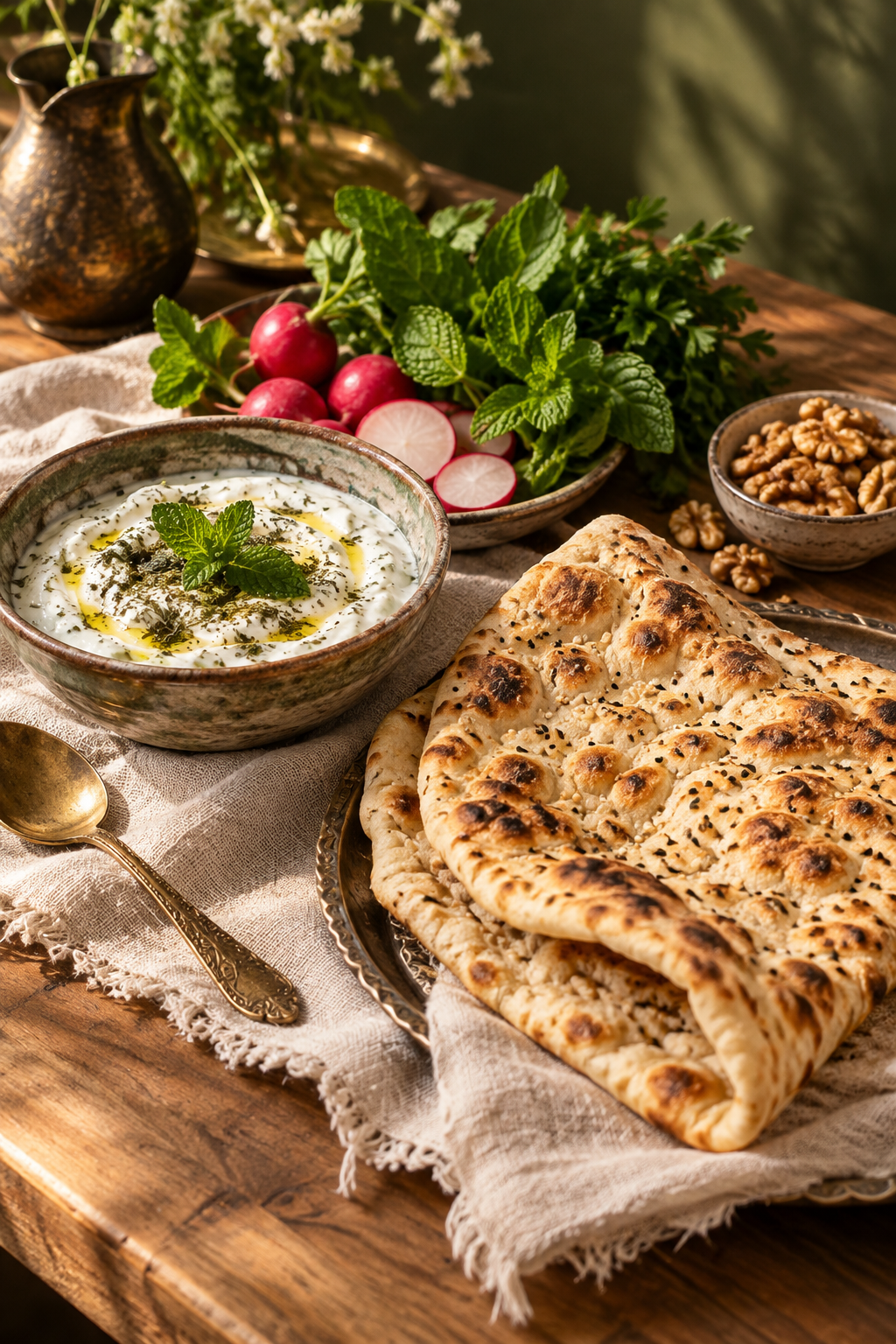 Illustrative Persian flatbread, yogurt and fresh herbs