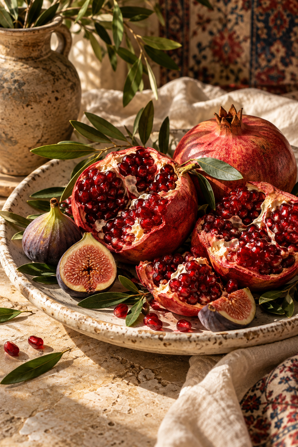 Illustrative fresh pomegranates and figs on a ceramic platter