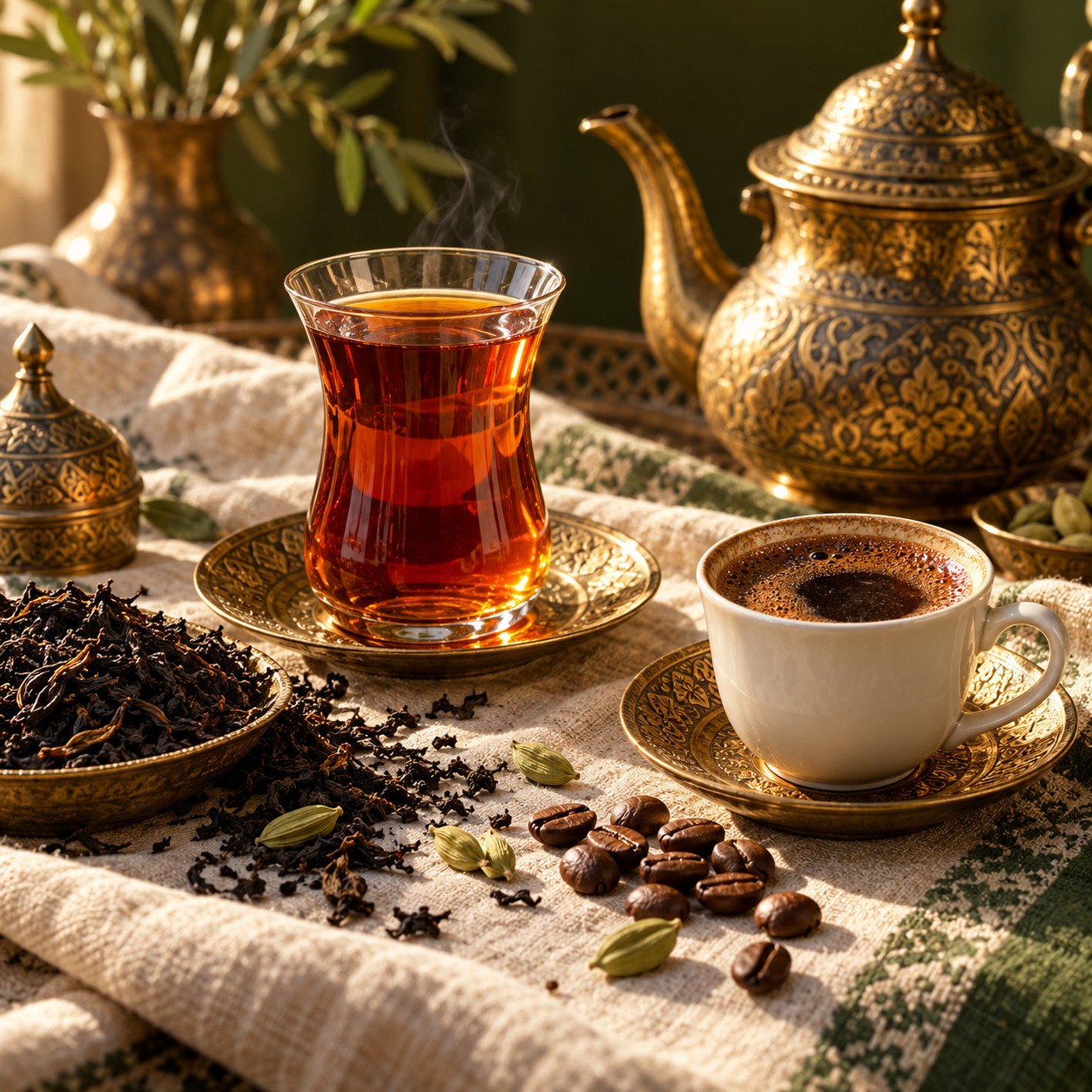 Illustrative Persian tea and coffee with a brass teapot